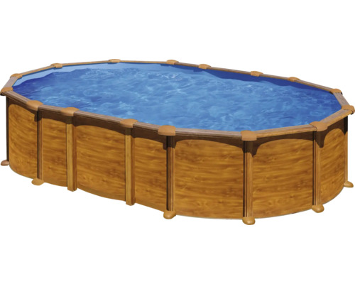 Ensemble de piscine hors sol à paroi en acier Gre ovale 634x399x132 cm avec groupe de filtration à sable, skimmer, échelle, sable de filtration et intissé de protection du sol aspect bois