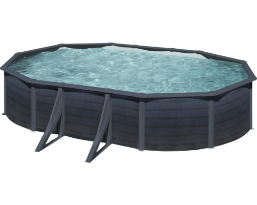 Ensemble de piscine hors sol à paroi en acier Gre ovale 634x575x122 cm avec groupe de filtration à sable, skimmer, échelle et sable de filtration gris