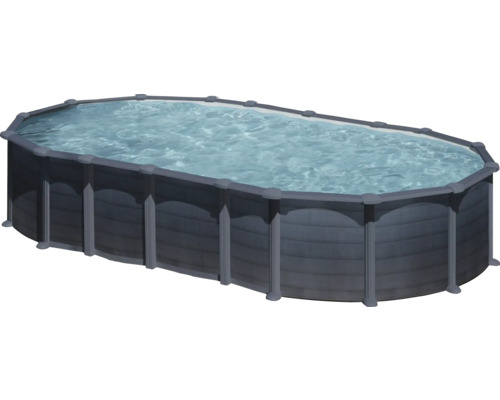 Ensemble de piscine hors sol à paroi en acier Gre ovale 744x399x132 cm avec groupe de filtration à sable, skimmer, échelle, sable de filtration et intissé de protection du sol gris