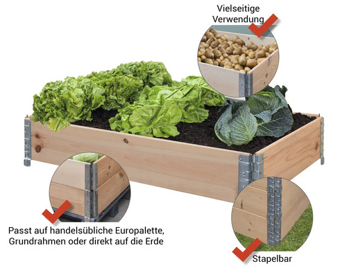 Hochbeet mit Salat, Kartoffeln und Kohl, vielseitig verwendbar, stapelbar und passend auf Europalette