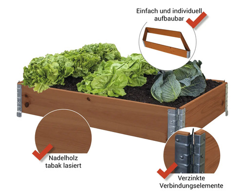Hochbeet aus lasiertem Nadelholz mit verzinkten Verbindungselementen und Gemuese