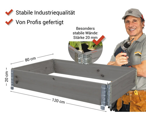 Hochbeet aus Holz mit den Maßen 120 x 80 x 20 cm und einem Handwerker mit Akkuschrauber