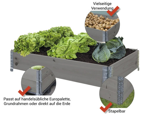Hochbeet aus Holz mit Gemüsepflanzen, vielseitig verwendbar, passend auf Europalette, Grundrahmen oder direkt auf die Erde, stapelbar