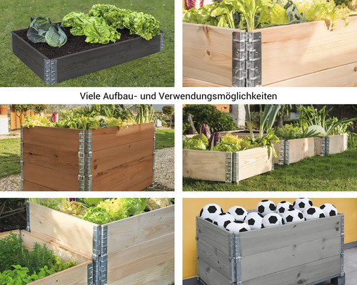 Verschiedene Ansichten von Hochbeeten aus Holz mit Metallverbindungen, die für Gartenarbeit und Aufbewahrung genutzt werden