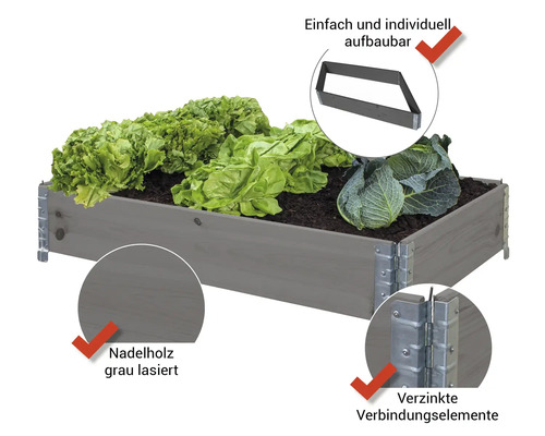 Hochbeet aus lasiertem, grauem Nadelholz mit verzinkten Verbindungselementen