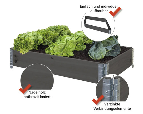 Hochbeet mit Gemüsepflanzen, einfache Montage und verzinkte Verbindungselemente