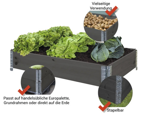 Hochbeet aus Holz mit Salat, Kohl und Kartoffeln, vielseitig verwendbar und stapelbar