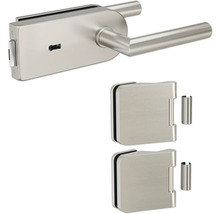 Serrure de porte en verre avec garniture de poignée et deux ferrures de serrage de verre