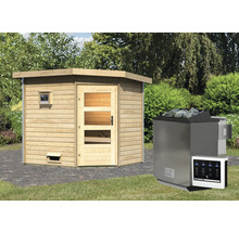 Holzsauna mit Ofen und Steuerung im Aussenbereich