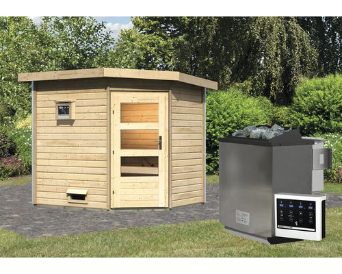 Holzsauna mit Ofen und Steuerung im Aussenbereich