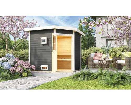 Chalet sauna Karibu Rubin 2 avec poêle 9 kW, commande externe et porte en bois avec verre isolant thermiquement gris terre