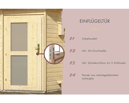 Holz-Gartentür mit Isolierglasfenstern, Aluminium-Türschwelle und Zylinderschloss