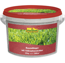 Rasendünger mit Unkrautvernichter in einem Eimer von FloraSelf, 10 Kilogramm für bis zu 500 Quadratmeter