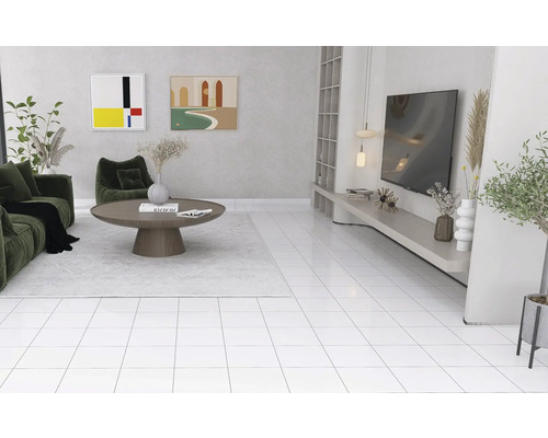 Salon lumineux avec canapé, fauteuil, table et télévision