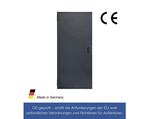 Graue Außentür mit CE-Kennzeichnung und Made in Germany Siegel