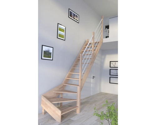 Escalier à limon latéral Pertura Notos hêtre bois lamellé-collé sans contremarches limon latéral non traité hêtre 1/4 tournant en bas à droite 93 cm 13 marches / 14 contremarches garde-corps à barres Escalier en bois avec rampe dans une pièce lumineuse