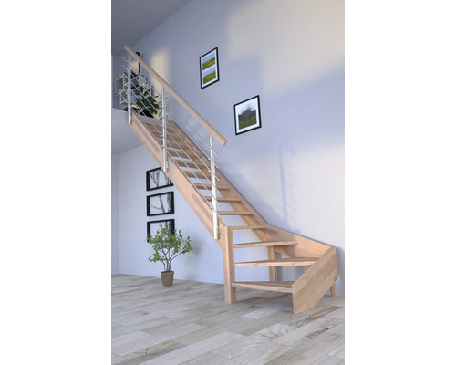 Escalier à limon latéral Pertura Notos hêtre bois lamellé-collé sans contremarches limon latéral non traité hêtre 1/4 tournant en bas à gauche 87 cm 13 marches / 14 contremarches garde-corps à barres Escalier en bois avec rampe en métal dans un espace de vie