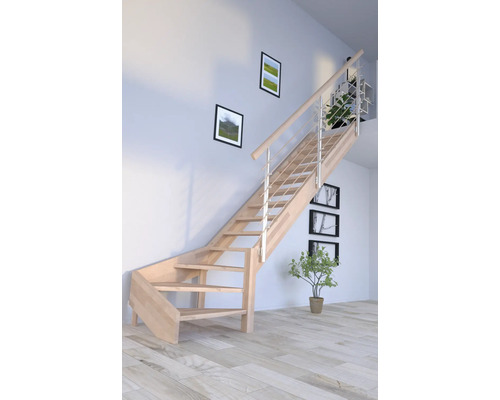 Escalier à limon latéral Pertura Notos hêtre bois lamellé-collé sans contremarches limon latéral non traité hêtre 1/4 tournant en bas à droite 97 cm 13 marches / 14 contremarches garde-corps à barres Escalier en bois avec rampe en acier inoxydable dans une pièce lumineuse