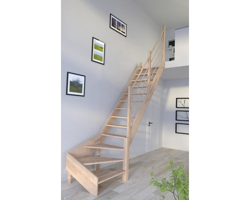 Escalier à limon latéral Pertura Notos hêtre bois lamellé-collé sans contremarches limon latéral non traité hêtre 1/4 tournant en bas à droite 83 cm 13 marches / 14 contremarches garde-corps à barres verticales Vue d''une pièce avec escalier en bois et décorations murales