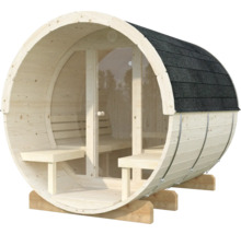 Sauna baril Palmako Anita 1 sans poêle avec bardeaux et façade entièrement vitrée en verre transparent.