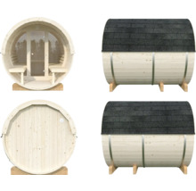 Sauna baril Palmako Anita 1 sans poêle avec bardeaux et façade entièrement vitrée en verre transparent.