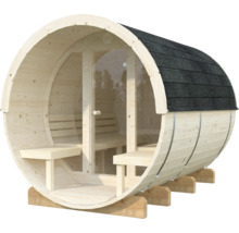 Sauna baril Palmako Anita 2 sans poêle avec bardeaux et façade entièrement vitrée en verre transparent.