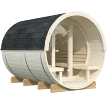 Sauna baril Palmako Anita 2 sans poêle avec bardeaux et façade entièrement vitrée en verre transparent.