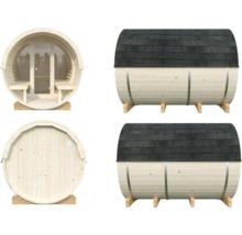 Sauna baril Palmako Anita 2 sans poêle avec bardeaux et façade entièrement vitrée en verre transparent.
