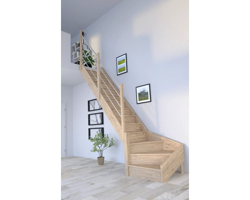 Escalier à limon latéral Pertura Notos chêne avec contremarches limon latéral non traité chêne 1/4 tournant en bas à gauche 93 cm 13 marches / 14 pas de marche garde-corps à barres