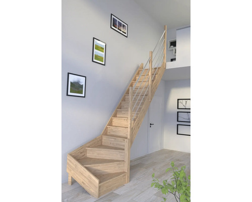 Escalier à limon latéral Pertura Notos chêne avec contremarches limon latéral non traité chêne 1/4 tournant en bas à droite 93 cm 13 marches / 14 pas de marche garde-corps à barres