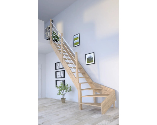 Escalier à limon latéral Pertura Notos chêne sans contremarches limon latéral non traité chêne 1/4 tournant en bas à gauche 83 cm 13 marches / 14 pas de marche garde-corps à barres Vue d''une pièce avec un escalier en bois et une rampe blanche