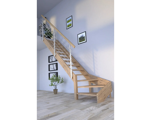 Escalier à limon latéral Pertura Notos chêne sans contremarches limon latéral non traité chêne 1/4 tournant en bas à gauche 87 cm 13 marches / 14 pas de marche garde-corps à barres Escalier à limon latéral Pertura Notos chêne sans contremarches limon latéral non traité chêne 1/4 tournant en bas à gauche 87 cm 13 marches / 14 pas de marche garde-corps à barres