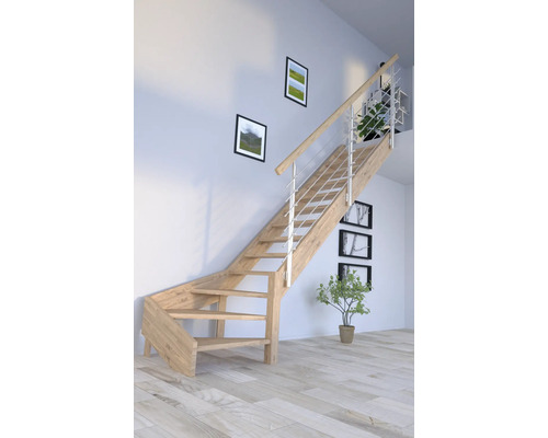 Escalier à limon latéral Pertura Notos chêne sans contremarches limon latéral non traité chêne 1/4 tournant en bas à droite 97 cm 13 marches / 14 pas de marche garde-corps à barres Escalier à limon latéral Pertura Notos chêne sans contremarches limon latéral non traité chêne 1/4 tournant en bas à droite 97 cm 13 marches / 14 pas de marche garde-corps à barres