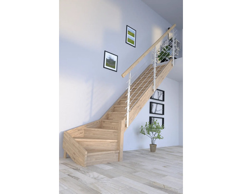 Escalier à limon latéral Pertura Notos chêne avec contremarches limon latéral non traité chêne 1/4 tournant en bas à droite 97 cm 13 marches / 14 pas de marche garde-corps à barres