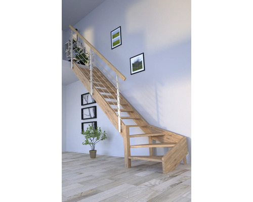 Escalier à limon latéral Pertura Notos chêne sans contremarches limon latéral non traité chêne 1/4 tournant en bas à gauche 87 cm 13 marches / 14 pas de marche garde-corps à barres Escalier en bois avec garde-corps en métal dans une pièce lumineuse.