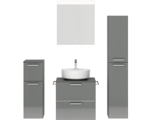 Badmöbel-Set NOBILIA Modern BxHxT 140 x 169,1 x 49 cm Frontfarbe grau hochglanz mit Spiegel mit LED-Beleuchtung Unterschrank Midischrank Griff chrom matt 621