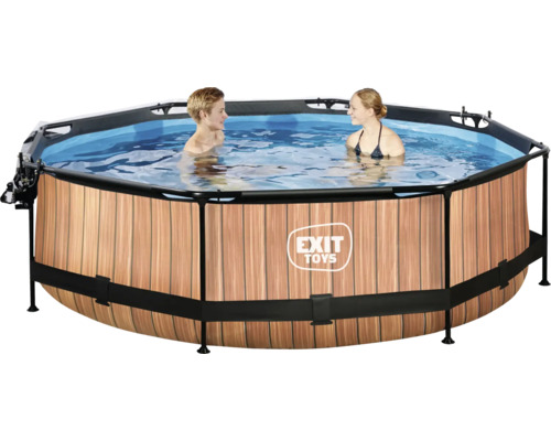 Pool mit Holzoptik und zwei Personen im Wasser.