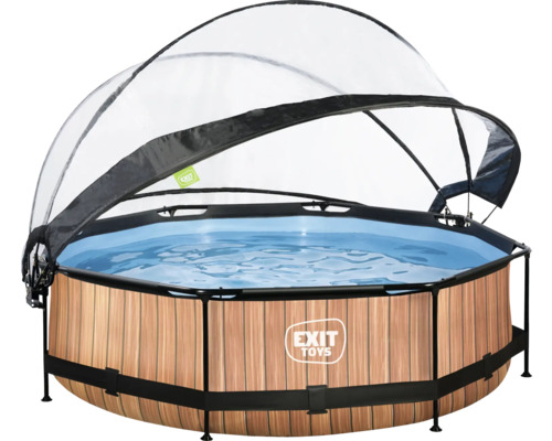 Runder Pool mit Holzverkleidung und transparenter Abdeckung