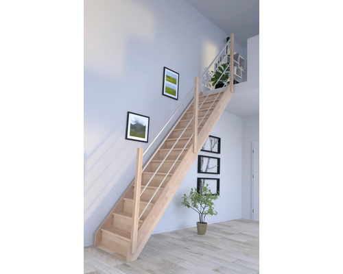 Escalier à limon latéral Pertura Notos hêtre bois lamellé-collé avec contremarches limon latéral non traité hêtre droit 93 cm 13 marches / 14 contremarches garde-corps à barres verticales