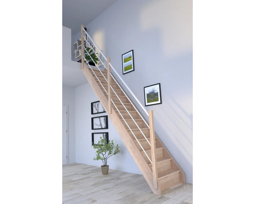 Escalier à limon latéral Pertura Notos hêtre bois lamellé-collé avec contremarches limon latéral non traité hêtre droit 93 cm 13 marches / 14 contremarches garde-corps à barres verticales