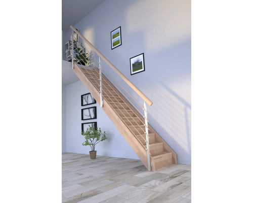 Escalier à limon latéral Pertura Notos hêtre bois lamellé-collé avec contremarches limon latéral non traité hêtre droit 87 cm 13 marches / 14 contremarches garde-corps à barres verticales