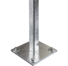 Pfostenanker aus Metall mit quadratischer Grundplatte und Schrauben