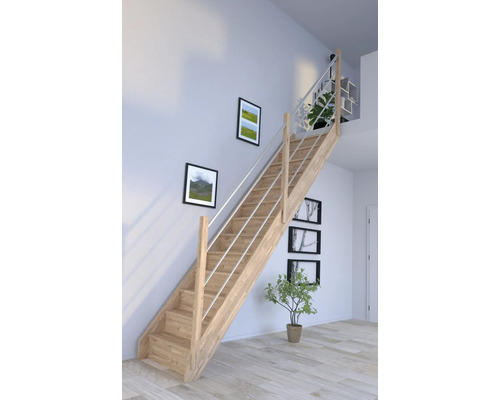 Escalier à limon latéral Pertura Notos chêne avec contremarches limon latéral non traité chêne droit 83 cm 13 marches / 14 pas de marche garde-corps à barres