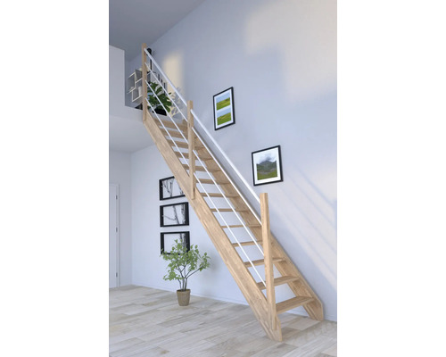 Escalier à limon latéral Pertura Notos chêne sans contremarches limon latéral non traité chêne droit 83 cm 13 marches / 14 pas de marche garde-corps à barres Escalier en bois avec rampe blanche dans une pièce lumineuse