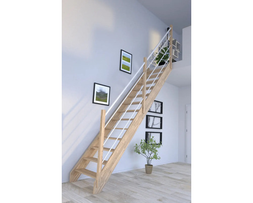 Escalier à limon latéral Pertura Notos chêne sans contremarches limon latéral non traité chêne droit 93 cm 13 marches / 14 pas de marche garde-corps à barres Escalier en bois avec rambarde blanche dans une pièce lumineuse