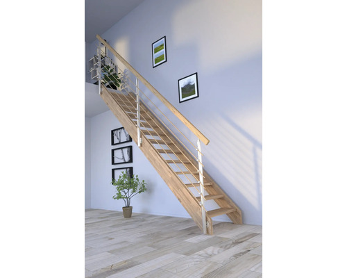 Escalier à limon latéral Pertura Notos chêne sans contremarches limon latéral non traité chêne droit 87 cm 13 marches / 14 pas de marche garde-corps à barres Escalier en bois avec rampe en acier inoxydable dans une pièce d''habitation