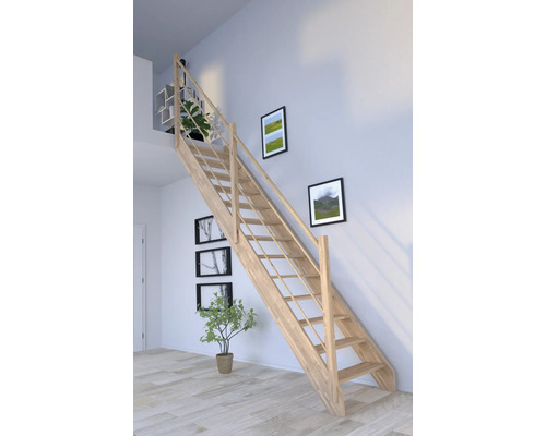 Escalier à limon latéral Pertura Notos chêne sans contremarches limon latéral non traité chêne droit 83 cm 13 marches / 14 pas de marche garde-corps à barres Escalier en bois dans une pièce à vivre avec décoration