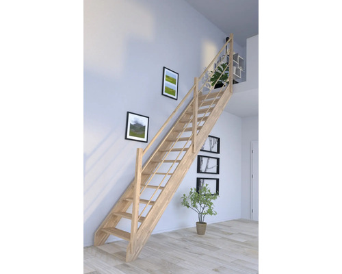 Escalier à limon latéral Pertura Notos chêne sans contremarches limon latéral non traité chêne droit 83 cm 13 marches / 14 pas de marche garde-corps à barres Escalier en bois avec rampe dans une pièce lumineuse