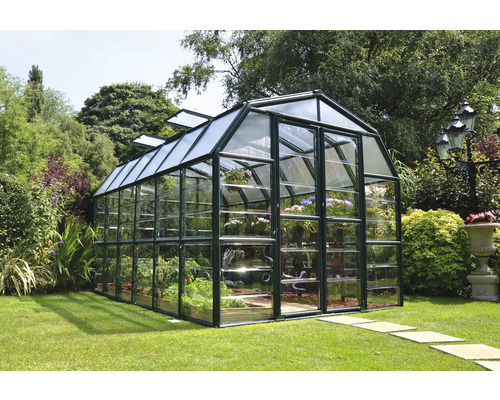 Serre indépendante Grand Gardener en polycarbonate 0,8 mm 389 x 265 cm vert Serre avec des plantes dans le jardin