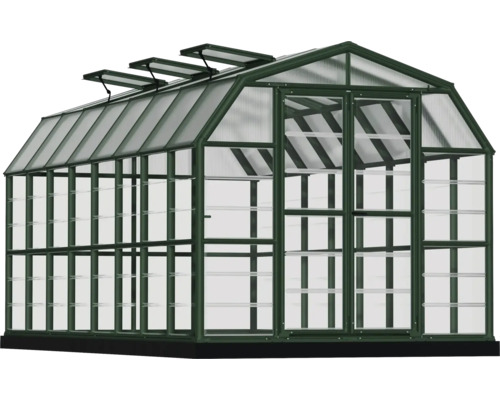 Gewächshaus mit Dachfenstern und Regalen